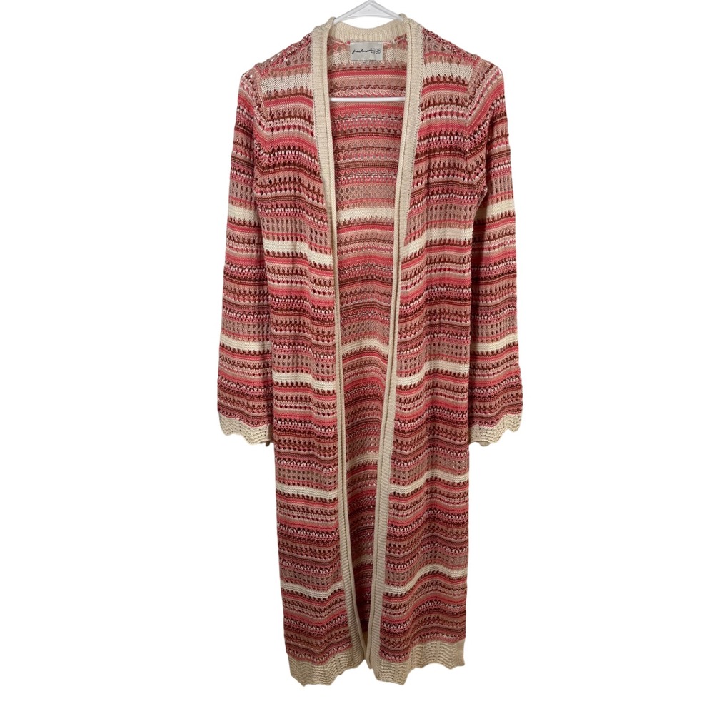 Pink Crochet Cardigan Sweater Longline Duster Y2K Boho Fairy Flare Slv Women's S